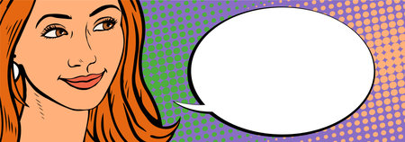 Portrait of a beautiful girl. A smile on my face. Banner with place for text. Vector illustration in pop art style.のイラスト素材
