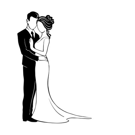 Silhouette of the bride and groom. Beautiful newlywed couple stand together in an embrace. Template for decorating wedding cards and invitations. Vector isolated illustration.のイラスト素材