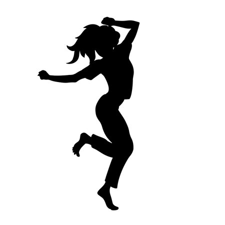 Young beautiful girl dancing. Happy female character. Vector isolated illustration. Black silhouette on a white background.のイラスト素材