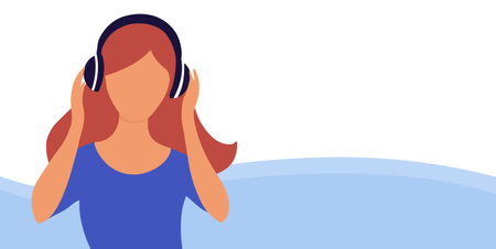The girl listens to music with headphones. Head silhouette. Background with place for text. Vector flat illustration.のイラスト素材