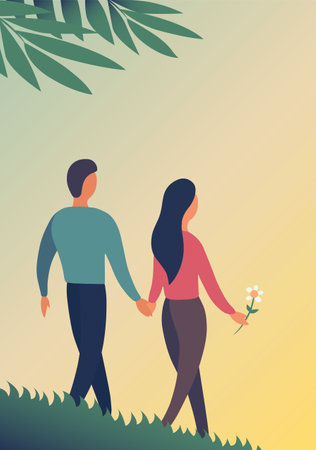 Young man and woman are walking on the background of nature. Vector flat illustration.のイラスト素材