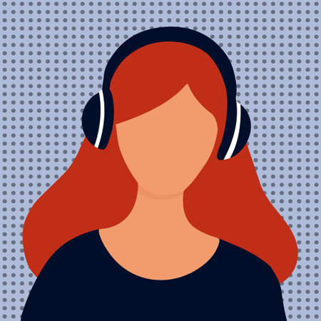 The girl listens to music with headphones. Head silhouette. Vector flat illustration.のイラスト素材