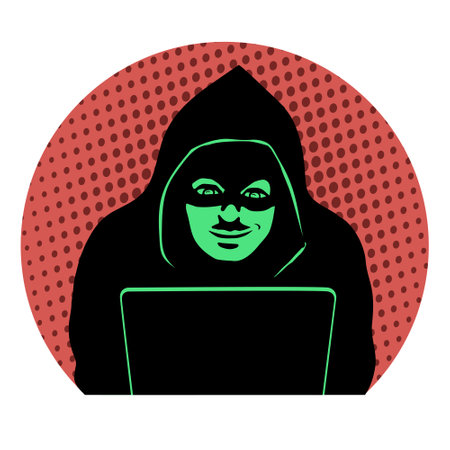 Male hacker at a laptop. Black silhouette with a closed face. Cyber attack. Vector illustration pop art.のイラスト素材