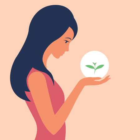 The girl holds a green sprout in her hands. The concept of caring for the environment. Vector flat illustration.のイラスト素材