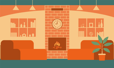 Home room with fireplace. Modern interior of a cozy living space. Sofas, bookshelves, lamps. Vector flat illustration.のイラスト素材