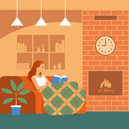 A girl is reading a book on the sofa at home. Modern home room internet with a fireplace. Vector flat illustration.のイラスト素材