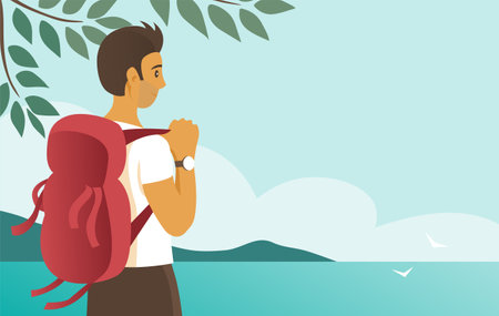 Young man with a backpack on the background of the seascape. Travel and tourism. Vector illustration.のイラスト素材