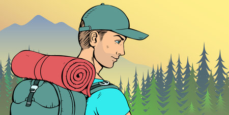 Hiking young man with a backpack on the background of wildlife. The beauty of the wild. Vector colorful pop art illustration.のイラスト素材
