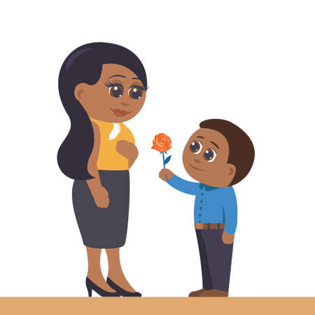 Little son gives mother a rose flower. Mother is very happy. African American family. Vector flat illustration in cartoon style.のイラスト素材