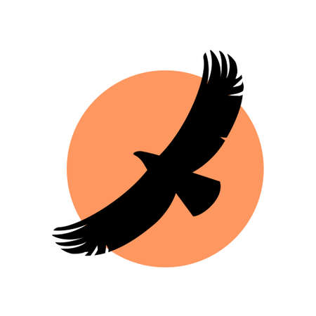 Black silhouette of a flying eagle against the background of the sun. Wildlife symbol. Vector isolated icon illustration.のイラスト素材