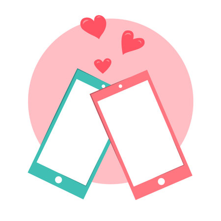 Two smartphones with hearts in love. Distant romantic relationships over the phone. Vector isolated cartoon illustration. Flat styleのイラスト素材