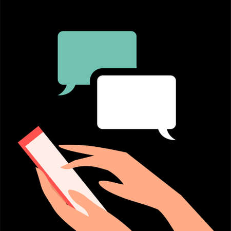 Smartphone in female hands and communication in the messenger. Vector flat illustration on a black background.のイラスト素材