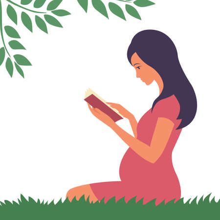 Beautiful pregnant girl reads a book in nature. Sits on the green grass under the foliage of a tree. Learning to be a mom. Vector cartoon illustration.のイラスト素材