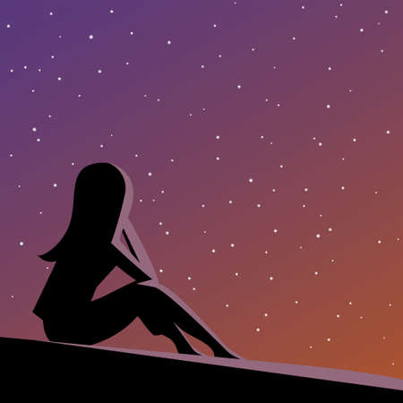 Silhouette of a girl against the background of a beautiful night sky with stars. Sits and reflects. Vector cartoon illustrationのイラスト素材