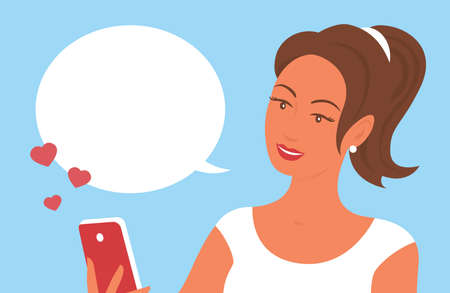 Beautiful young woman communicates on the phone via video link. Or conducts a webinar. Hearts of likes. Vector cartoon illustration.のイラスト素材