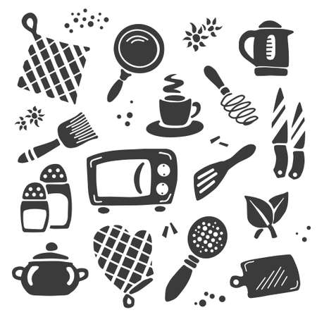A set of kitchen items: kettle, frying pan, microwave oven, knife, cup, glove, seasoning, salt. Vector isolated black and white illustration silhouette. Hand drawn styleのイラスト素材