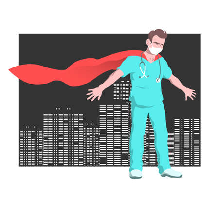 A male doctor superhero in a mask protects the city from danger. Stands against the backdrop of skyscrapers. Courage of medical professionals. Vector cartoon illustrationのイラスト素材