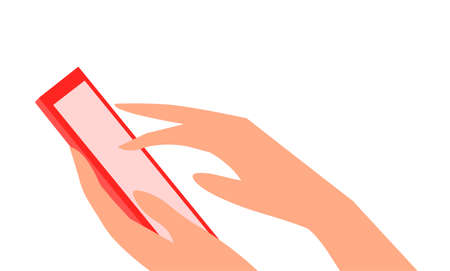 Smartphone in female hands and communication in the messenger. Vector flat illustration on a white background.のイラスト素材