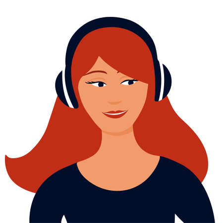 The girl listens to music with headphones. Happy face. Vector isolated flat illustration.のイラスト素材