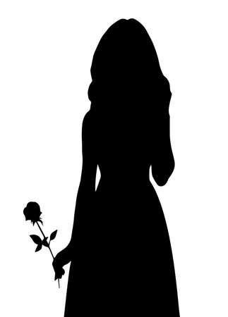 Black silhouette of a young girl with a rose in her hand. Standing in a dress. Vector isolated illustrationのイラスト素材