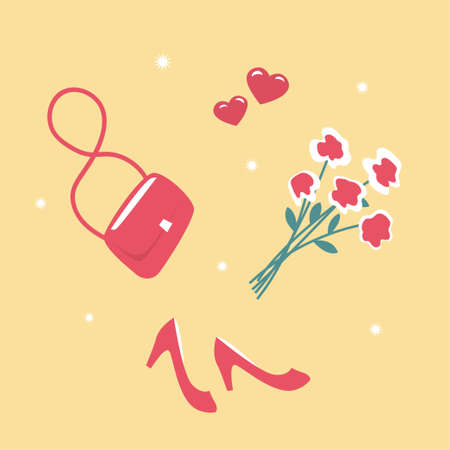 Romantic illustration of a set of female things. Ladies handbag, high heel shoes, a bouquet of flowers and hearts. Vector flat illustrationのイラスト素材