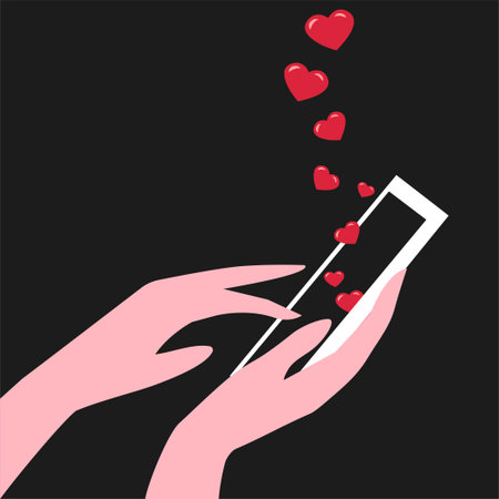 Female hands with a smartphone and likes in social networks. Hearts fly out of the phone screen....