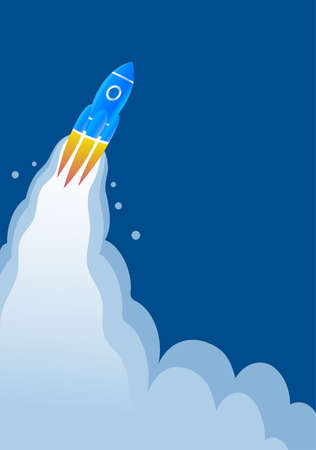 A space rocket with a window flies high to the stars. Behind it is a fiery flame. Cartoon vector illustration posterのイラスト素材