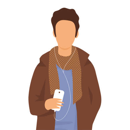 The boy listens to music with headphones. Smartphone in hand. Vector isolated flat illustration.のイラスト素材