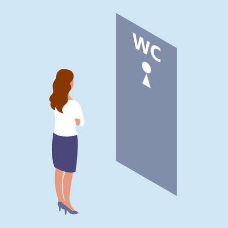 A woman stand in front of the toilet door. Female wc. Waiting for their turn. Vector isometric illustrationのイラスト素材