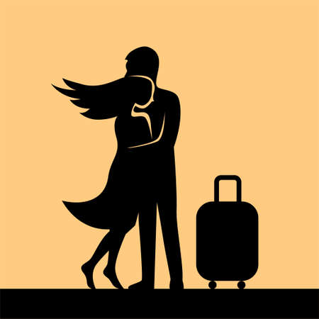 Silhouette of a couple in love in an embrace. Young man with a suitcase and a girl are hugging. Return or goodbye concept. Vector illustrationのイラスト素材