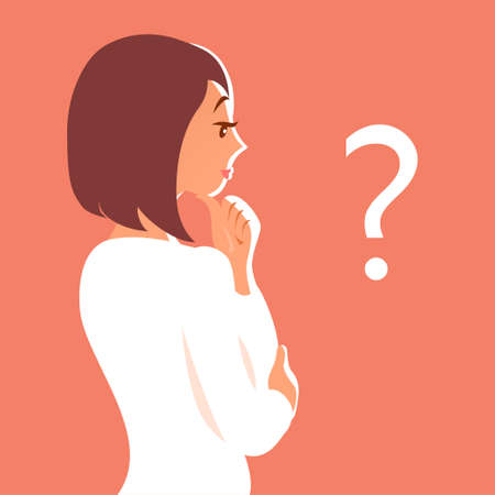 Young woman pondered the question. The concept of solving problems, finding an answer to a question. Vector cartoon illustrationのイラスト素材