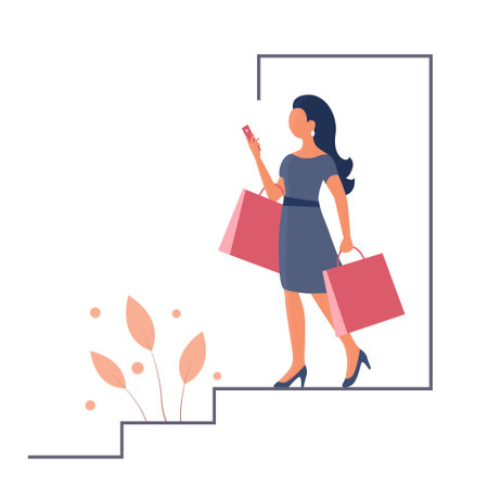 A beautiful girl goes shopping and talks on the phone. In the hands of the packages. Vector isolated flat illustrationのイラスト素材
