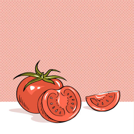 Hand drawn outline vector illustration of red appetizing tomato vegetables on red background. Healthy eatingのイラスト素材