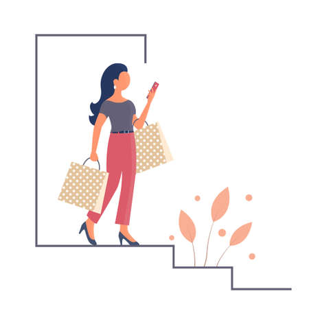 A beautiful girl goes shopping and talks on the phone. In the hands of the packages. Vector isolated flat illustrationのイラスト素材