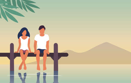 A young couple is resting by the river. A man and a girl are sitting on a pier above the water. Calm rest. Vector flat illustration bannerのイラスト素材