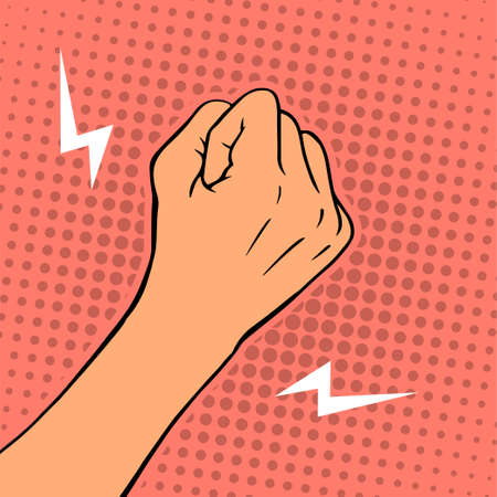 Female threatening hand fist on a color background. Protest or threat gesture. Cartoon vector illustration hand drawn pop artのイラスト素材