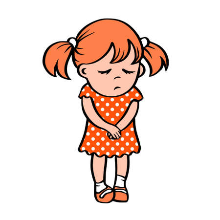 Little sad girl in a red dress. Stands with an unhappy face. Guilt. Vector cartoon isolated illustration hand drawnのイラスト素材