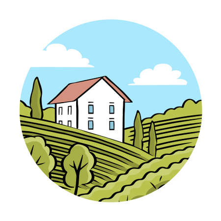 Outline illustration of vineyard and villa landscapeのイラスト素材