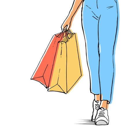 Female legs with bags after shopping. Modern style, pants and sneakers. Vector isolated art illustration hand drawnのイラスト素材