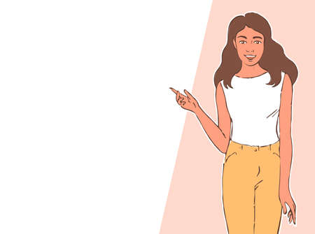 Young beautiful girl in full growth. Goes and tells. Fashion and beauty concept. Background with place for text. Vector hand drawn illustrationのイラスト素材