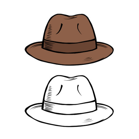 Drawing of a male hat on a white background. Fashion accessory. Retro style headdress. Vector isolated outline illustration in color and black and whiteのイラスト素材