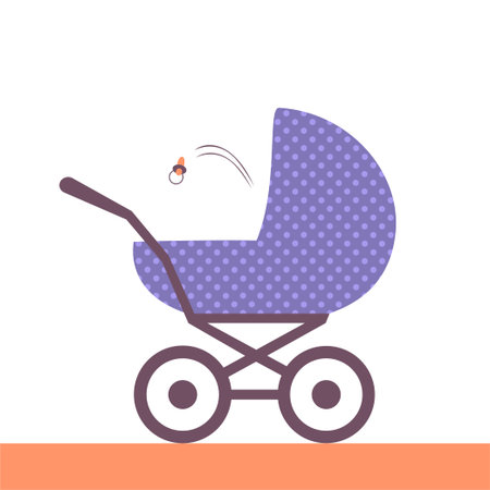 Cute baby carriage with a crying baby The toddler spat out a pacifier. Vector flat illustration
