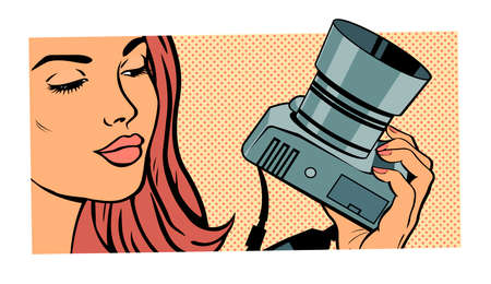 Illustration of a girl face with a camera pop art styleのイラスト素材