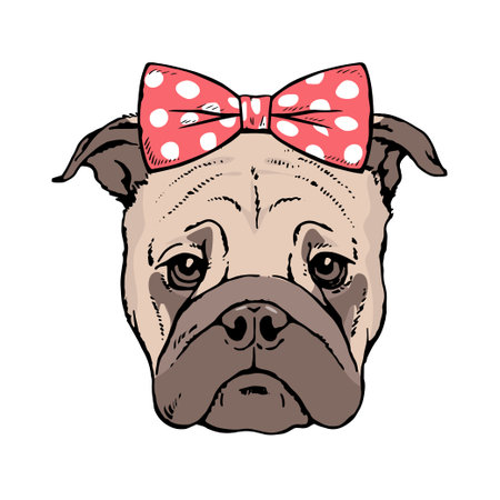Drawn portrait of a pug dog face. Red bow on the head. Pen and ink sketch on white background. Vector isolated illustration pop artのイラスト素材