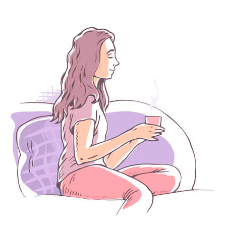 Young girl with a cup of coffee or teaのイラスト素材
