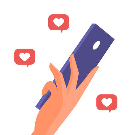 Female hand with smartphone and likes. Communication on a social network. Vector cartoon illustration on white backgroundのイラスト素材