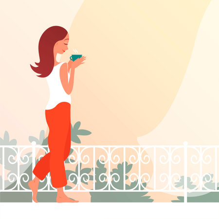 Illustartion young beautiful girl with a cup of teaのイラスト素材