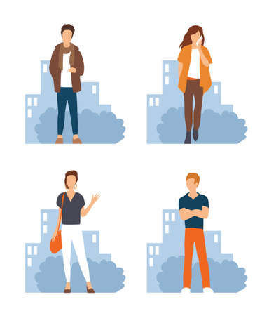 Set vector of illustrations with modern youth. City background. Girls and boysのイラスト素材