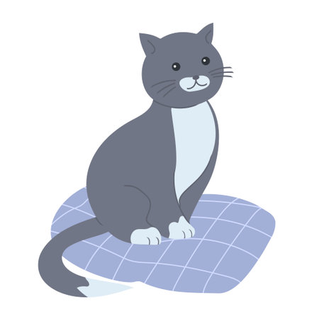 Cartoon cute gray cat on a pillow. home pet. Vector isolated illustrationのイラスト素材