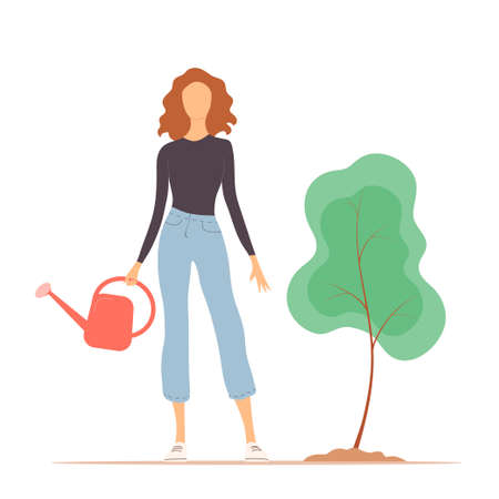 A young woman is planting and watering a tree. Spring season, gardening, care for ecology and nature. Vector flat isolated illustration. white backgroundのイラスト素材